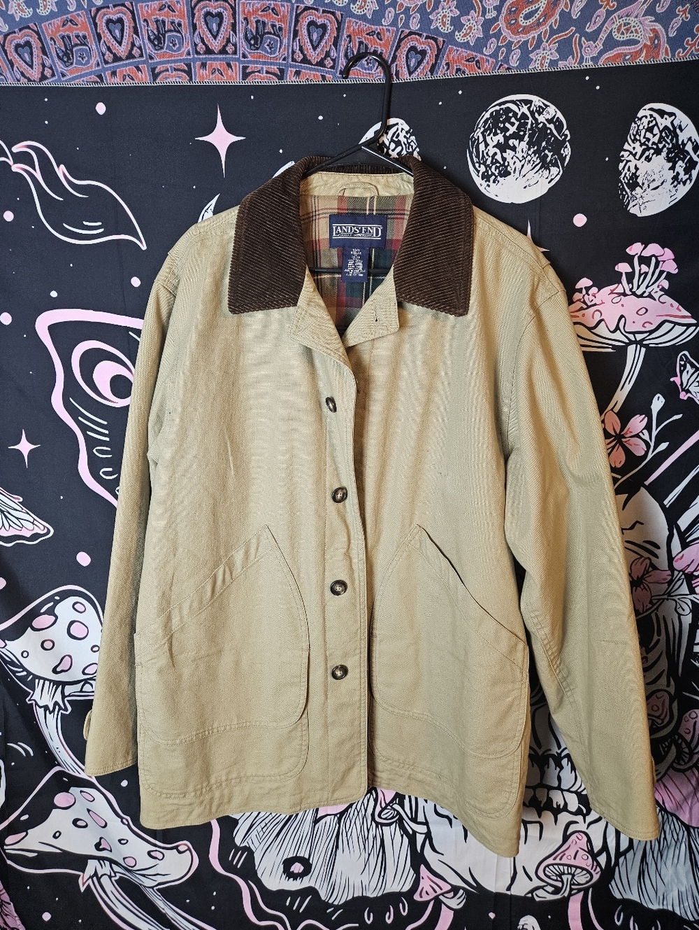 Mens Med Lands' End Khaki Barn Coat with Brown Corduroy Collar